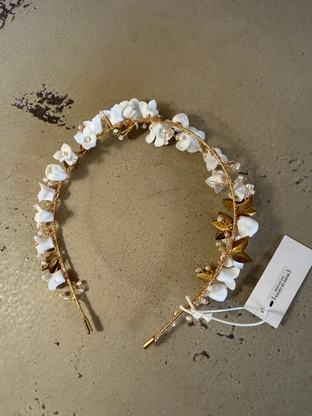 SEREFINA Enamel Gold and Pearl Headband with Ivory flowers BHLDN